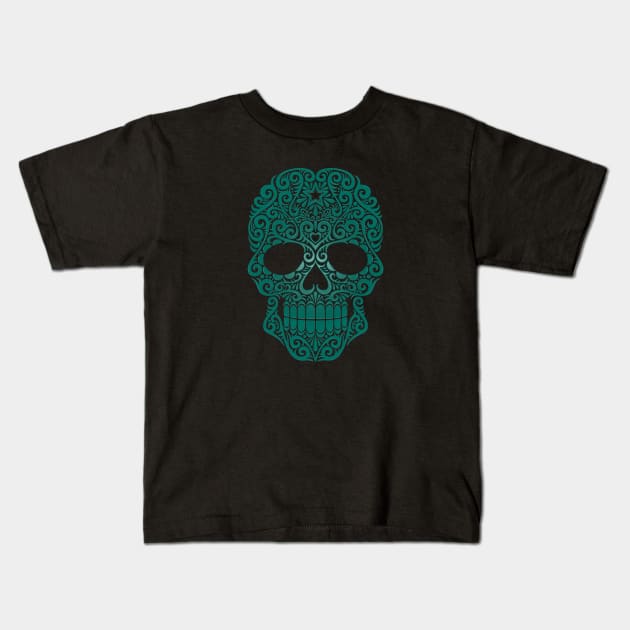 Teal Blue Swirling Sugar Skull Kids T-Shirt by jeffbartels